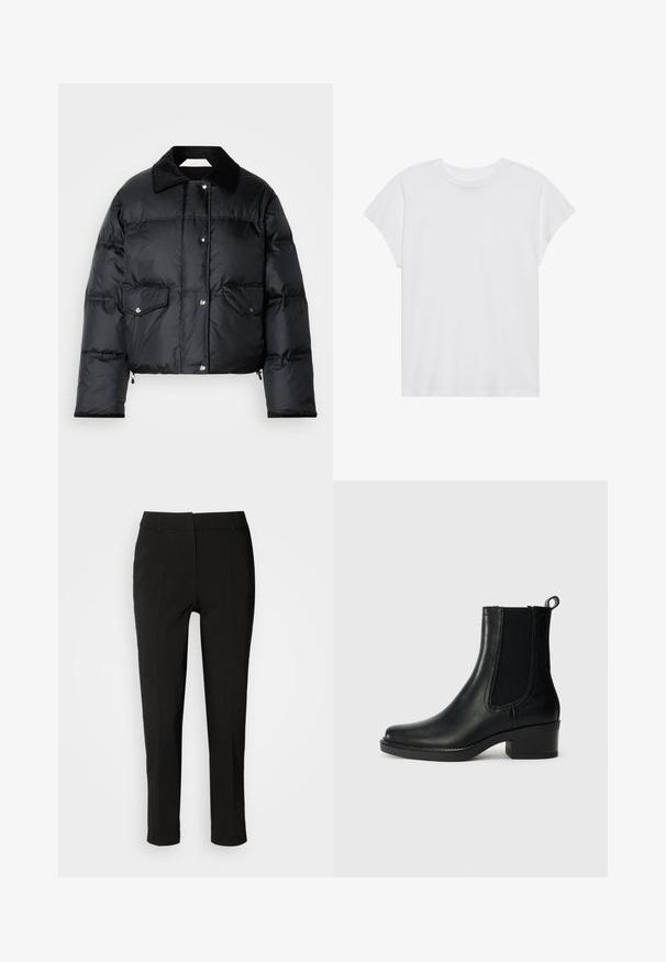 Doudoune noire avec col, fermeture éclair à l'avant, deux poches à rabat et un design matelassé. Fabriquée en matériau léger et brillant.; T-shirt blanc à manches courtes, col rond, coupe décontractée, en tissu de coton doux. Texture lisse, sans motifs ni logos.; Pantalons noirs ajustés avec une coupe slim, devant plat et sans poches visibles, offrant une texture lisse et une finition soignée au bas.; Botte cheville en cuir noir avec des panneaux latéraux élastiques, bout arrondi et talon carré. Texture lisse et détails en couture.