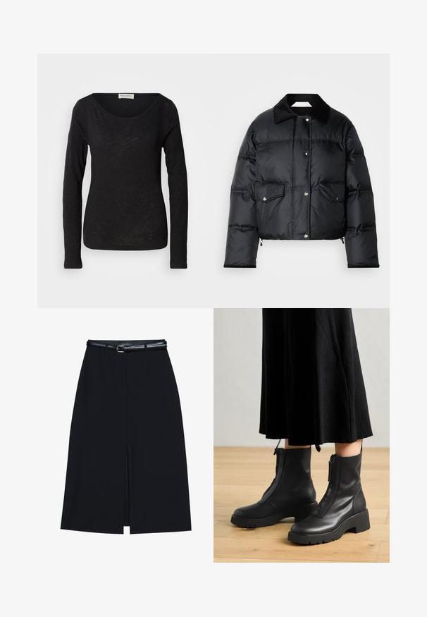 Chaqueta de plumas negra con cuello con solapa, cierre de cremallera en la parte frontal, dos bolsillos de solapa y un diseño acolchado. Fabricada en un material brillante y ligero.; Blusa negra de manga larga hecha de una tela ligera y texturizada. Presenta un escote en forma de scoop y una silueta ajustada con un detalle mínimo.; Falda negra hasta la rodilla con una abertura en la parte delantera, hecha de tejido suave. Presenta un delgado cinturón negro con una hebilla plateada y pasadores para el cinturón.; Botas de tobillo de cuero negro con suela de plataforma gruesa y cremallera delantera. Textura suave con un diseño minimalista.