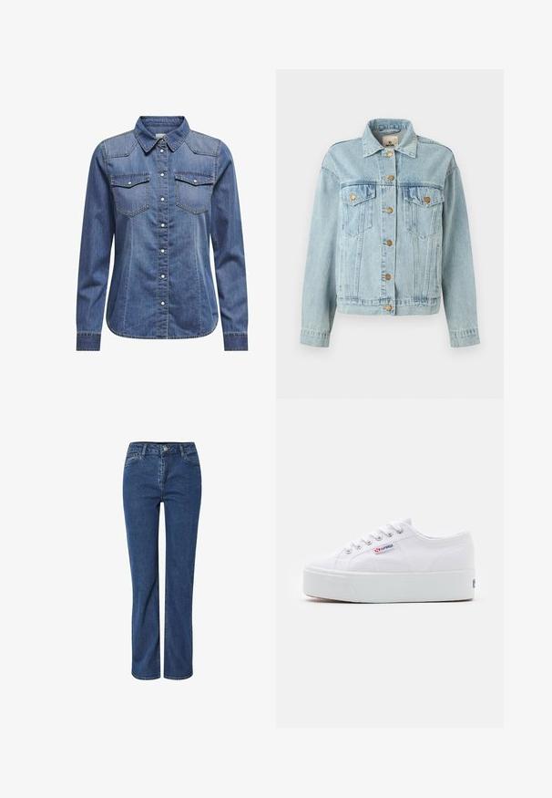 Hele sinine denim jakk pikkade varrukatega, nööbiga kinnitamine, kaks rinnaauku flappidega ja krae, näidatud valge tausta ees.; Tumedates denim särk, millel on kaelus, pikad varrukad, kahekordsed rinnataskud ja kontrastsed õmblused.; Tumedates teksad otse lõikega, ees taskud ja klassikaline nööpidega sulg, hõbedase riistvaraga.; Valge kangast sneaker paksu valge platvormi tossul, ümmargune nina ja metallist augud nööride jaoks. Brändi logo on küljes.