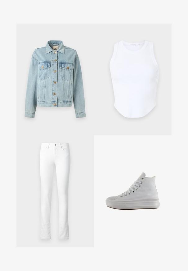 Hele sinine denim jakk pikkade varrukatega, nööbiga kinnitamine, kaks rinnaauku flappidega ja krae, näidatud valge tausta ees.; Good American MICRO TANK - Topp - white; Valged denimimoodid kitsas lõikes, viie-tasku disain, lukuga lend ja peened õmbluse detailid. Sile tekstuur; ei ole nähtavaid mustreid.; Valged kõrged teksakingad valgete paelte, metallist aukudega, paksu kummist tallaga ja tekstureeritud varbaküljega, suunatud vasakule valgel taustal.