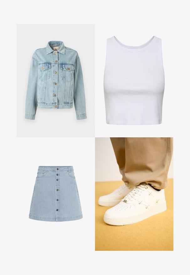 Lichtblauwe spijkerjack met lange mouwen, knoopsluiting, twee borstzakken met kleppen en een kraag, weergegeven tegen een witte achtergrond.; Witte crop top gemaakt van ribbelstof, met een ronde halslijn en een mouwloos ontwerp met een aansluitende pasvorm. Geen patronen of accenten.; Denim rok in lichtblauw met witte strepen. Voorzien van een knoopsluiting aan de voorkant, twee zijzakken en een zwierige zoom.; Witte leren sneakers met geperforeerde neus, gouden accenten en platte veters, gecombineerd met beige broek op een gestructureerde gele ondergrond.