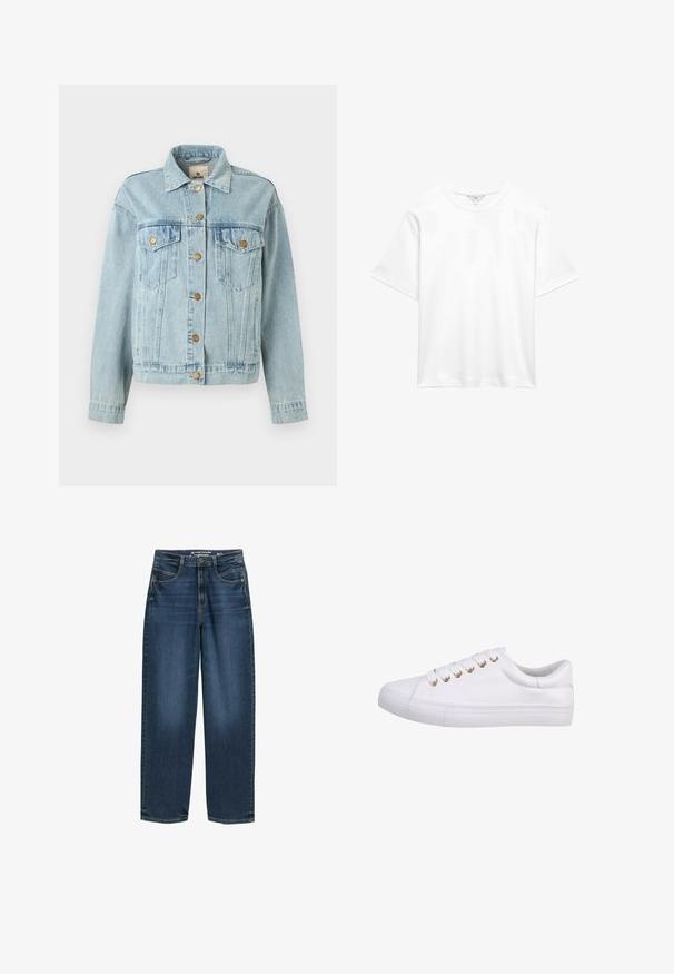 Hellblaues Jeansjacke mit langen Ärmeln, Knopfverschluss, zwei Brusttaschen mit Klappen und einem Kragen, vor einem weißen Hintergrund präsentiert.; Unifarbenes weißes Kurzarm-T-Shirt aus Baumwolle mit Rundhalsausschnitt, flach auf weißem Hintergrund präsentiert.; Dunkelblaue weite Jeans mit hoher Taille, Fronttaschen und klassischer Denim-Textur. Abgeschlossen mit dezenten Steppnähten und geraden Beinsäumen.; Weißer Sneaker aus strukturiertem Leder mit sechs metallischen Ösen, flachen Schnürsenkeln und einer Gummisohle. Klassisches Low-Top-Design ohne Muster.