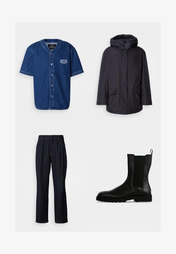 Chaqueta negra acolchada con capucha extraíble, que presenta cierres de botón, dos grandes bolsillos frontales y un exterior liso y resistente al agua.; Camisa de manga corta, abotonada, hecha de denim azul oscuro con un cuello clásico y un logotipo bordado en blanco en el lado izquierdo del pecho.; Jeans de mezclilla de pierna ancha en un tono azul oscuro, con pliegues frontales y costuras naranjas, presentados sobre fondo blanco.; Botín negro de cuero con panel lateral elástico, suela gruesa y lengüeta en la parte trasera, con un pequeño logo dorado "Hugo" cerca del talón.