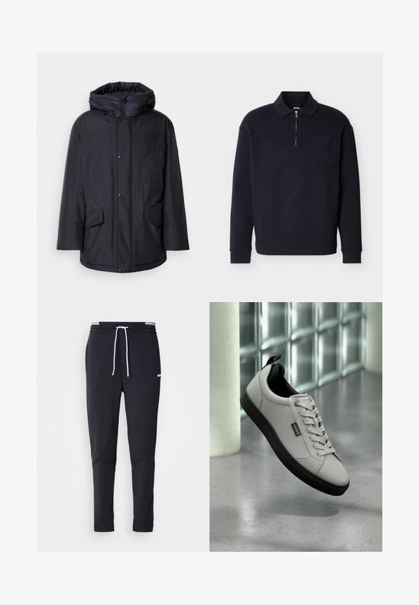 Schwarze gepolsterte Jacke mit abnehmbarer Kapuze, ausgestattet mit Knopfverschluss, zwei großen Fronttaschen und einer glatten, wasserabweisenden Außenseite.; Schwarzes langärmliges Poloshirt aus weichem Stoff, mit einem Reißverschluss am Kragen, einer Brusttasche und einem klassischen Kragen.; Schwarze Slim-Fit-Jogginghose mit weißem Kordelzug, elastischem Bund mit weißen Streifen und kleinem weißen Logo am oberen Oberschenkel.; Hellgraue Sneaker aus glattem Leder mit schwarzen Akzenten und einer Gummisohle. Die Schnürsenkel sind ordentlich gebunden, und ein Markenlabel ist sichtbar.