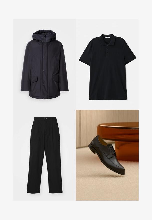 Schwarze gepolsterte Jacke mit abnehmbarer Kapuze, ausgestattet mit Knopfverschluss, zwei großen Fronttaschen und einer glatten, wasserabweisenden Außenseite.; Schwarzes Poloshirt aus Baumwolle, mit klassischem Kragen, Dreiknopf-Leiste, kurzen Ärmeln und einem dezenten Logo-Detail auf der Vorderseite.; Schwarze, weit geschnittene Hosen aus leichtem Material. Sie verfügen über einen Knopfverschluss, Vorderfalten und zwei Seitentaschen.; Schwarzer Lederschnürschuh, der über einem beigen Teppich schwebt, mit einem runden orangefarbenen Tisch im Hintergrund.