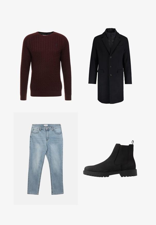 Manteau long noir en mélange de laine avec col montant, fermeture à double boutonnage et deux poches frontales ; la couche intérieure présente un design matelassé.; Pull en maille bordeaux avec un motif texturé, col rond et manches longues. Présente des poignets et un ourlet côtelés. Détail de logo discret.; Jean en denim bleu clair avec bouton et fermeture éclair à l'avant, passants pour ceinture et cinq poches, posé à plat sur un fond blanc.; Pier One by Zalando UNISEX - Bottines - black