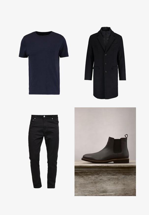 Zwart wollen overjas met een opstaande kraag, dubbele rij knopen en twee steekzakken aan de voorkant; binnenlaag heeft een doorgestikt ontwerp.; Pier One T-shirt basic - dark blue; Zwarte spijkerbroeken van denim stof, slim fit ontwerp, vijf-pocket stijl, met metalen knoopsluiting, gestikte details en een zachte textuur.; Zwarte leren Chelsea boot met elastische zijkanten en een ronde neus, met een gestructureerde zool en subtiele stiksel details, verhoogd boven een houten oppervlak.