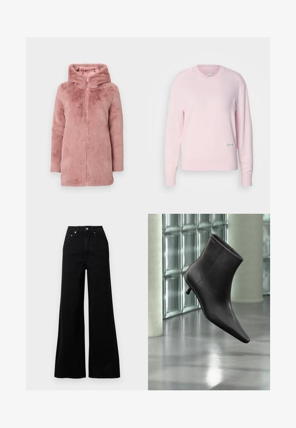 Rosa Kunstfellmantel mit Kapuze, Reißverschluss und langen Ärmeln. Weiche Textur mit glatter Fütterung und ohne sichtbare Muster oder Beschläge.; Helles rosa Sweatshirt aus weichem Strickmaterial. Mit Rundhalsausschnitt und langen Ärmeln, versehen mit einem kleinen grünen Logo auf der unteren linken Seite.; Schwarze Jeans mit weitem Bein, gefertigt aus Denim, mit hoher Taille, fünf Taschen, vorderer Knopfverschluss und minimalen Nahtdetails.; Schwarzer Leder-Knöchelstiefel mit spitzer Spitze und kleinem Absatz vor einer Wand aus Glasbausteinen und einem polierten Boden.