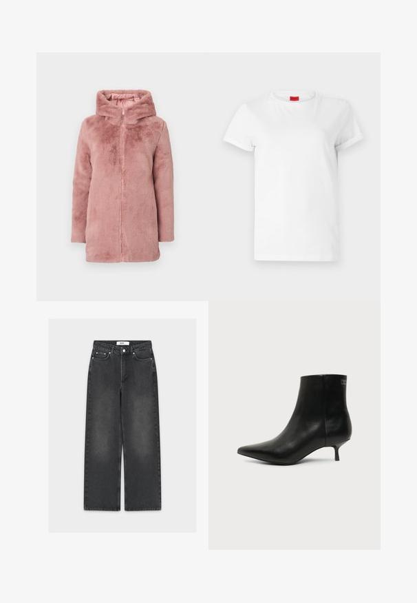 Rosa Kunstfellmantel mit Kapuze, Reißverschluss und langen Ärmeln. Weiche Textur mit glatter Fütterung und ohne sichtbare Muster oder Beschläge.; Weißes Kurzarm-T-Shirt aus leichtem Baumwollstoff. Hat einen runden Halsausschnitt und umgeschlagene Ärmel. Rotes Logo-Tag am Kragen.; Weit geschnittene schwarze Jeans aus Denim mit einem verwaschenen Finish, ausgestattet mit Knopf- und Reißverschluss, Fünf-Taschen-Design und kontrastierenden Nähten.; Schwarzer Leder-Knöchel-Stiefel mit spitzer Spitze und niedrigem Kittenabsatz vor hellem Hintergrund, seitliche Ansicht.