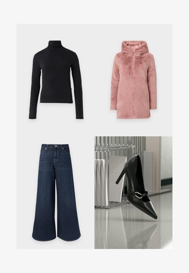 Abrigo de piel sintética rosa con capucha, cierre de cremallera y mangas largas. Textura suave con un forro liso y sin patrones ni herrajes visibles.; Top negro de manga larga y cuello alto, hecho de una tela suave y elástica. Presenta un cuello alto y una silueta ajustada sin adornos.; Vaqueros de mezclilla oscura de pierna ancha con cintura alta, con detalles cosidos, cierre de botones y diseño clásico de cinco bolsillos.; Zapato de tacón alto negro con puntera y correa con hebilla plateada, colocado sobre una superficie reflectante cerca de un organizador de archivos metálico que sostiene papeles.