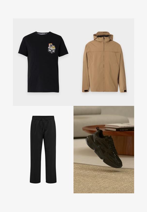 Hellbraune Kapuzenjacke mit Reißverschluss vorne, schrägen Seitentaschen und verstellbaren Klettverschlüssen an den Ärmelbündchen.; Schwarzes Baumwoll-T-Shirt mit kurzen Ärmeln, das auf der linken Brustseite ein kleines grafisches Motiv einer Kiste mit bunten Gegenständen zeigt.; Schwarze Freizeithose mit elastischem Bund und Kordelzug, gerade geschnittene Beine und vordere Abnäher.; Schwarzer klobiger Sneaker mit Mesh- und glänzenden Details, der über einem beigen Teppich schwebt, runder Holztisch mit Büchern im Hintergrund.