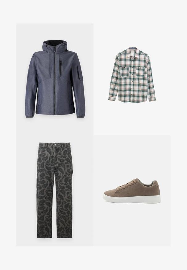 TOM TAILOR JACKET - Veste softshell - blue softshell melange; Chemise à manches longues avec un motif carreaux vert, blanc et rouge, deux poches poitrine à boutons à l'avant et un col classique.; Pantalons droit en camouflage pixelisé noir et gris avec poches avant et fermeture à bouton.; Baskets en daim marron avec des semelles en caoutchouc blanc plat, design lacé, bout rond et texture lisse. Style minimaliste avec des détails de couture subtils.