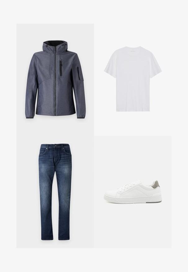 TOM TAILOR JACKET - Veste softshell - blue softshell melange; T-shirt en coton blanc à manches courtes, col rond et texture lisse. Présente un branding minimal au niveau du col.; Jean en denim bleu foncé avec une coupe droite, présentant un effet délavé, cinq poches et des coutures visibles le long des coutures.; Basket blanche en cuir lisse, à bout arrondi, design minimaliste, accent de talon gris et semelle en caoutchouc texturé.
