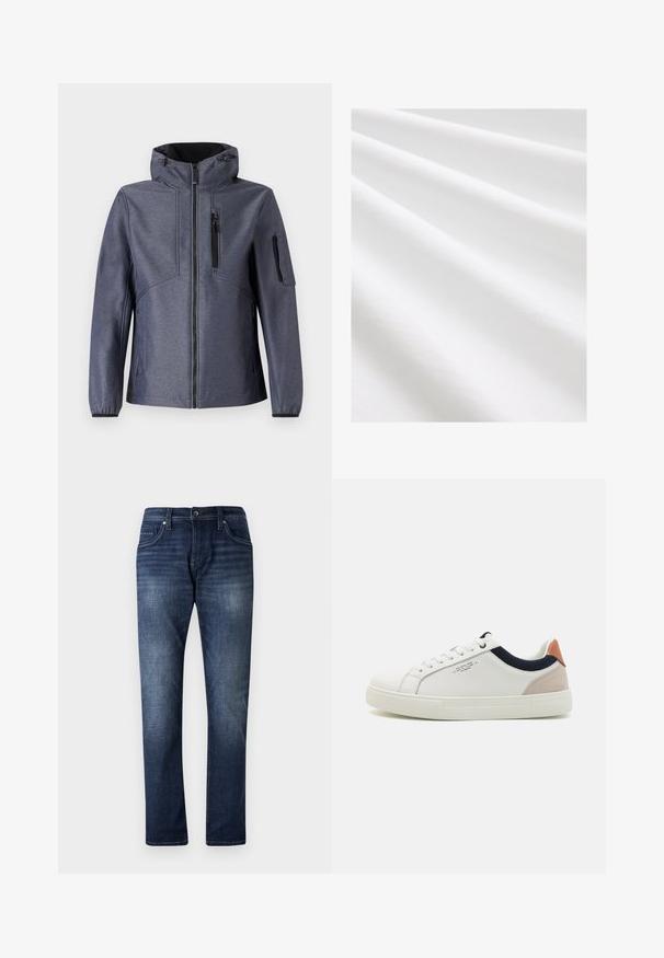 TOM TAILOR JACKET - Softshell jakker - blue softshell melange; Bomuldsstof, hvid farve, glat tekstur med subtile folder og krøller. Jævn overflade, let reflekterende, uden mønstre eller accenter.; Mørkeblå denimjeans med lige ben design, der har en falmet vask, fem lommer og synlige stikninger langs sømmene.; Hvide lædersneakers med low-top design, marineblå stofdetalje på kraven og en lys lyserød suede hælflap. Gummisål.