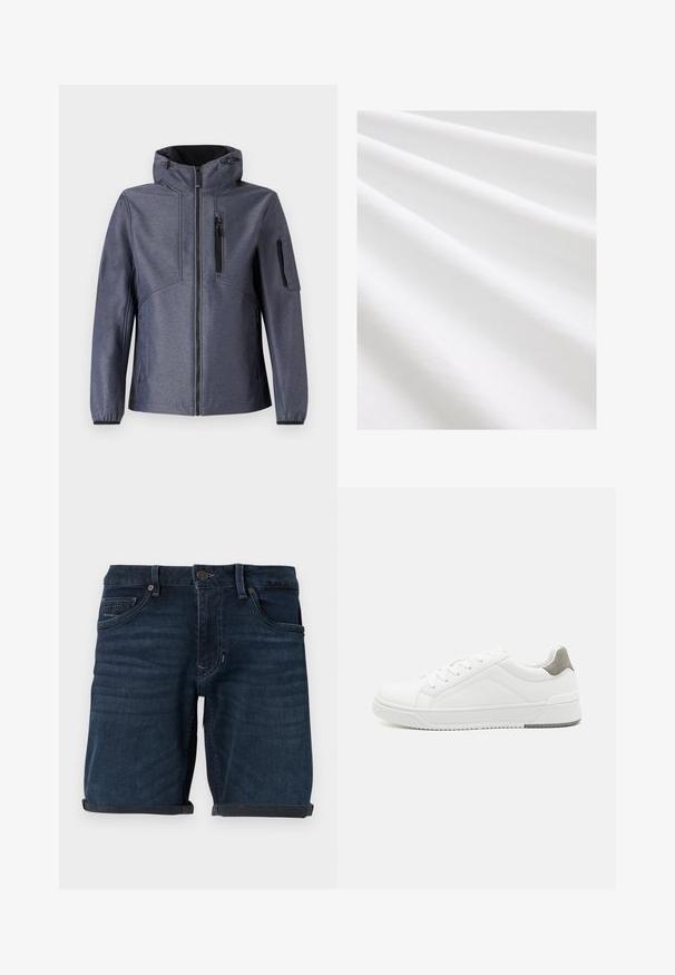 TOM TAILOR JACKET - Softshelljas - blue softshell melange; Katoenen stof, witte kleur, zachte textuur met subtiele vouwen en plooien. Gelijke oppervlakte, licht reflecterend, zonder patronen of accenten.; Donkerblauwe denimshorts met opgerolde mouwen, voorzien van voorzakken, een knoopsluiting en een merkelabel op de achterzak.; Witte sneaker van glad leer met een ronde neus, minimalistisch ontwerp, grijze hielaccent en een geplaatste rubberen zool.