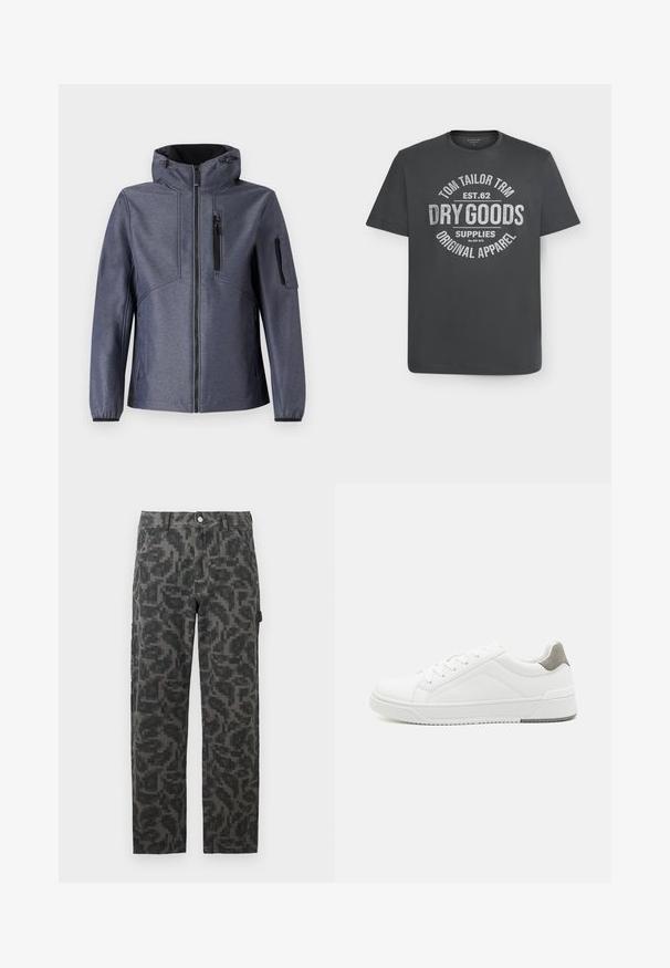 TOM TAILOR JACKET - Softshell jakker - blue softshell melange; Mørkegrå T-shirt med korte ærmer og rund hals med hvid tekst, der lyder "Tom Tailor TRM Est. 62 Dry Goods Supplies Original Apparel" centreret på forsiden.; Sort og grå pixeliseret camouflage bukser med lige ben, frontlommer og knaplukning.; Hvid sneaker lavet af glat læder, rund tå, minimalistisk design, grå hælafsats og tekstureret gummisål.