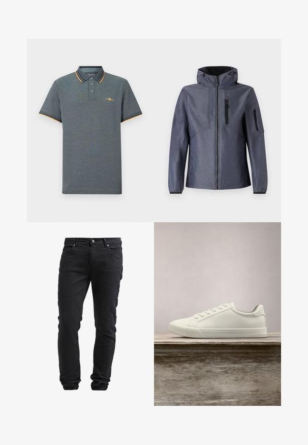 TOM TAILOR JACKET - Chaqueta softshell - blue softshell melange; Polo gris con una tela texturizada, que presenta una tapeta de tres botones, acentos en color azul claro y naranja en el cuello, y un pequeño logo en el pecho.; Jeans negros slim fit con cierre de botón y cremallera, cinco bolsillos y puños elásticos en los tobillos.; Zapatilla blanca con cordones flotando sobre un banco de madera con follaje verde al fondo, mostrando el diseño y la textura del zapato.