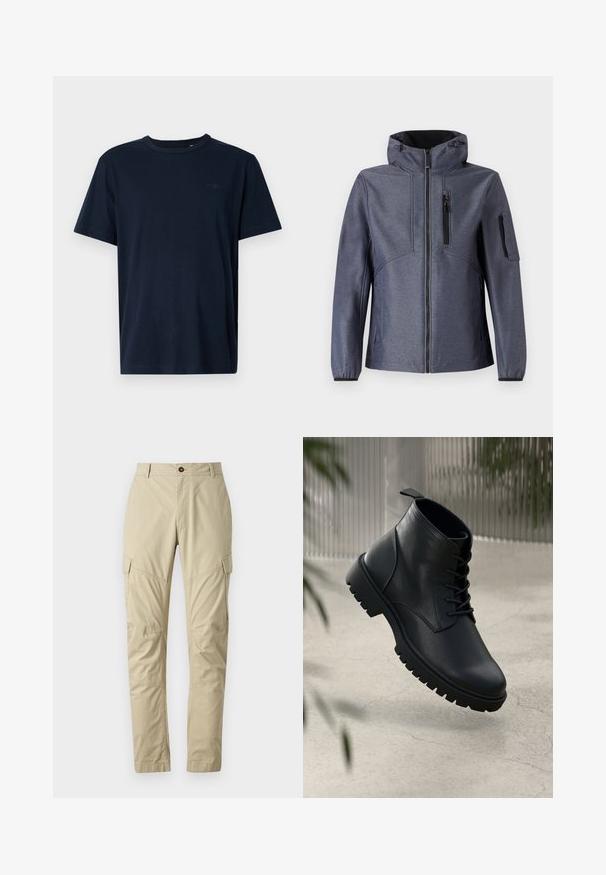 TOM TAILOR JACKET - Softshelljacke - blue softshell melange; Marineblaue Kurzarm-T-Shirt aus weichem Stoff mit Rundhalsausschnitt, mit einem kleinen Logo und dem Jahr "1962" auf der Brust bedruckt.; Beige Cargo-Hosen aus leichtem Material, mit mehreren Taschen, einem Knopfverschluss und einem schmal zulaufenden Beinschnitt. Glatte Textur.; Schwarze Lederstiefeletten mit runder Zehenform, Schnürdesign und robustem Gummisohle. Glatte Textur mit einer Zuglasche an der Rückseite.