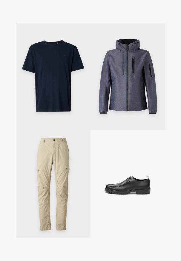 TOM TAILOR JACKET - Chaqueta softshell - blue softshell melange; Camiseta de manga corta azul marino hecha de tela suave, con cuello redondo, con un pequeño logo y el año "1962" impreso en el pecho.; Pantalones cargo beige hechos de una tela liviana, con múltiples bolsillos, cierre de botón y un diseño de pierna ajustada. Textura suave.; Zapatos de cuero negro con un acabado suave, punta redondeada y costuras decorativas. Cuenta con una suela de goma con surcos para tracción y un diseño de cordones.