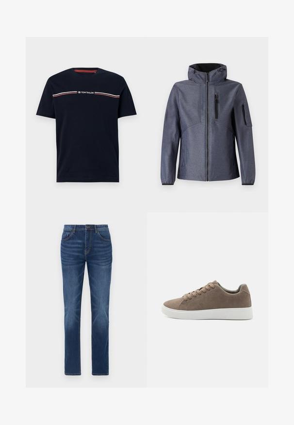 TOM TAILOR JACKET - Softshell jakker - blue softshell melange; Marineblå bomulds-t-shirt med korte ærmer og rund halsudskæring, med en hvid og rød horisontal stribedetalje og "TOM TAILOR" logo.; Mørkeblå denimjeans med en klassisk lige pasform, fem-lomme design og let falmede detaljer på benene. Har knap- og lynlåslukning.; Brune ruskinds sneakers med flade hvide gummisåler, snørelukning, rund tå og en glat overflade. Minimalistisk stil med diskrete syninger.