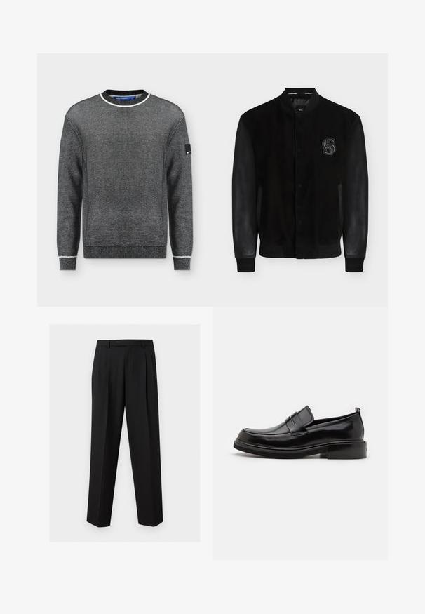 Veste universitaire noire avec manches en cuir texturé, boutons-pression, poignets côtelés et logo "B" brodé en relief sur le côté gauche de la poitrine.; Pull en maille noir et blanc à manches longues avec col rond et bordure blanche contrastante au col et aux poignets, avec un petit patch sur la manche gauche.; Pantalon noir sur mesure avec jambes droites, plis à la taille, passants de ceinture et poches latérales fendues, présenté sur un fond uni.; Calvin Klein MOCCASIN - Mocassins de ville - black