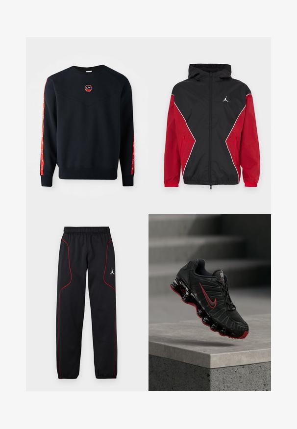 Zwart-rode windjack met capuchon, ritssluiting aan de voorkant, witte accenten en een klein logo op de borst. Zachte, lichtgewicht stof.; Marineblauw sweatshirt met een hexagonaal rood Nike-logo op de borst. Kenmerkt zich door rode accenten langs de mouwen en een gestructureerde, zachte stof.; Zwarte sportbroek met rode bies, elastische tailleband en manchetten, en een klein wit Jumpman-logo op de rechterdij.; Zwarte en rode Nike sportschoen met zichtbare veerachtige zool, balancerend op de rand van een betonnen trede.
