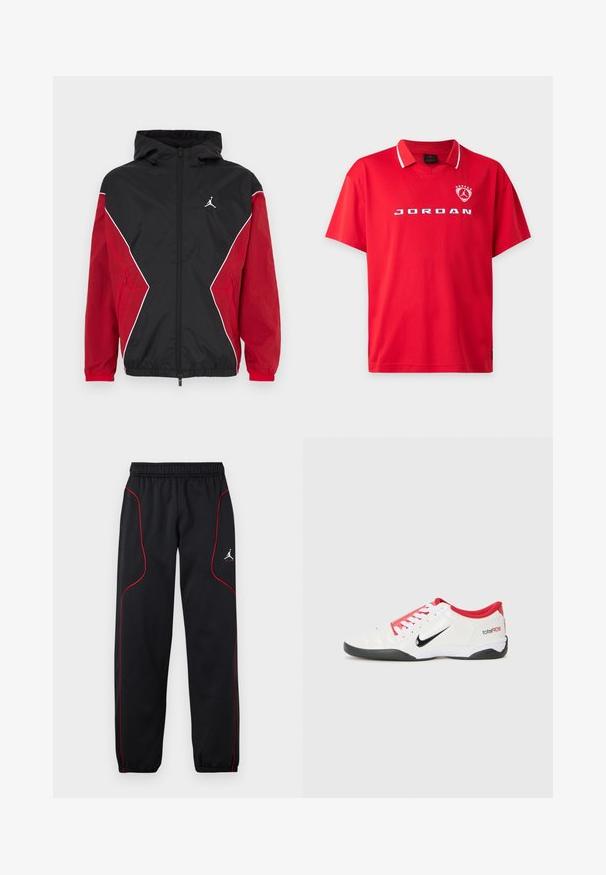 Schwarze und rote Windjacke mit Kapuze, Reißverschluss vorne, weißen Akzenten und kleinem Logo auf der Brust. Weicher, leichter Stoff.; Rotes Polo-Shirt mit kurzen Ärmeln, weißer Besatz am Kragen, weißem "JORDAN" Schriftzug über der Brust und Jordan-Logo mit Sternen auf der oberen linken Seite.; Schwarze Sporthose mit roter Paspelierung, elastischem Bund und Bündchen sowie kleinem weißem Jumpman-Logo am rechten Oberschenkel.; Weißer Sportschuh mit roten Akzenten, schwarzem Swoosh-Logo und strukturiertem Design. Mit weißen Schnürsenkeln und schwarzem Außensohle. Text lautet "total90."