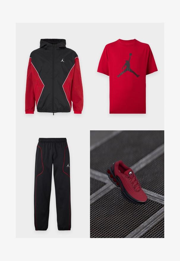 Sort og rød vindbreakerjakke med hætte, lynlås foran, hvide accenter og et lille logo på brystet. Blødt, letvægtsstof.; Rød t-shirt med korte ærmer med sort silhuet af en basketballspiller, der hopper og holder en bold højt med den ene hånd.; Sorte atletikbukser med røde pipinger, elastisk taljebånd og manchetter, samt et lille hvidt Jumpman-logo på højre lår.; Rød sneakers med en tekstureret overdel, der har sorte accenter og et fremtrædende design med luftcushioning sål. Snørebånd og logo er synlige ovenpå.
