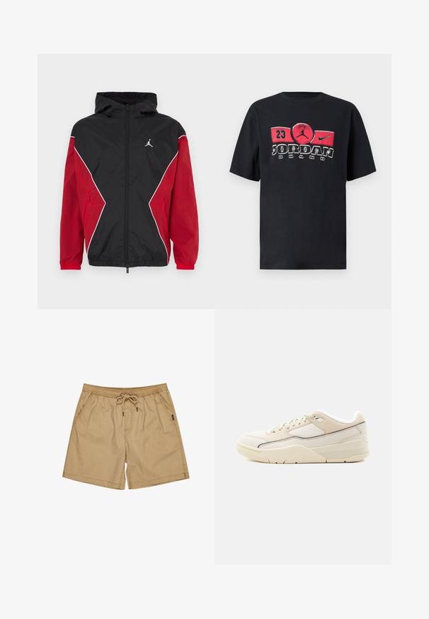 Chaqueta cortavientos negra y roja con capucha, cierre delantero con cremallera, detalles en blanco y un pequeño logo en el pecho. Tejido suave y ligero.; Camiseta de algodón negra con un gran gráfico rojo y blanco que incluye el texto "Jordan Brand" y un icono de baloncesto, manga corta y cuello redondo.; Pantalones cortos de algodón beige con cintura elástica y cordón, que cuentan con bolsillos laterales y un ajuste relajado. Textura simple y suave sin patrones.; Zapatilla de corte bajo color crema con detalles beige, cierre de cordones, cuello acolchado y suela texturizada sobre un fondo claro y uniforme.