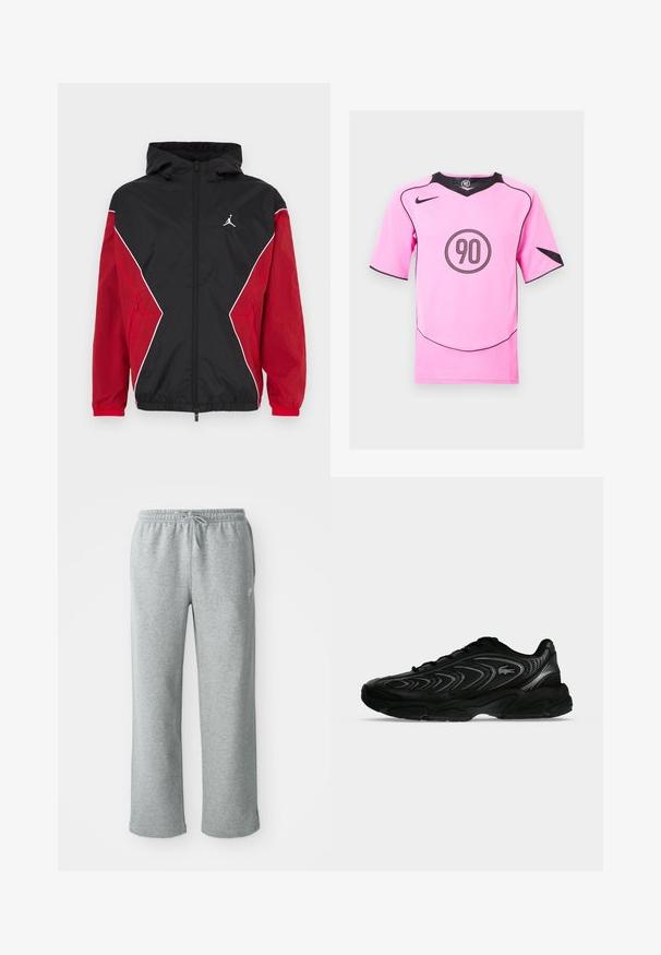 Sort og rød vindbreakerjakke med hætte, lynlås foran, hvide accenter og et lille logo på brystet. Blødt, letvægtsstof.; Pink Nike fodboldtrøje med sorte detaljer og et rundt "90" logo i midten. Korte ærmer, V-hals og mesh-detaljer i siderne.; Grå bomulds sweatpants med elastisk talje, snorelukning og lige ben. Har et lille logo på den øverste venstre side.; Sort atletiksneaker med bølgeagtige mønstre og en lille krokodille-logo på siden, vist på en ensartet lysegrå baggrund.