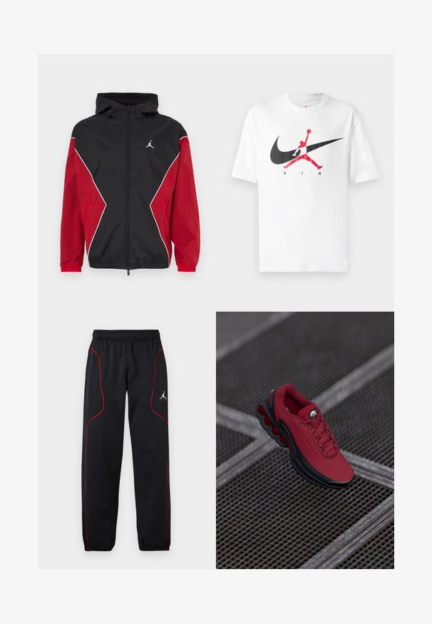 Sort og rød vindbreakerjakke med hætte, lynlås foran, hvide accenter og et lille logo på brystet. Blødt, letvægtsstof.; Hvid bomulds T-shirt med et stort sort og rødt Nike Swoosh-logo med en silhuet af en basketballspiller. Korte ærmer, rund halsudskæring.; Sorte atletikbukser med røde pipinger, elastisk taljebånd og manchetter, samt et lille hvidt Jumpman-logo på højre lår.; Rød sneakers med en tekstureret overdel, der har sorte accenter og et fremtrædende design med luftcushioning sål. Snørebånd og logo er synlige ovenpå.
