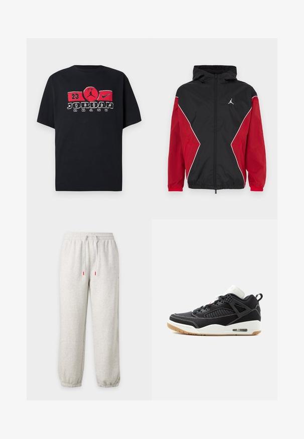 Veste coupe-vent noire et rouge avec capuche, fermeture éclair à l'avant, accents blancs et petit logo sur la poitrine. Tissu doux et léger.; T-shirt noir à manches courtes avec un petit logo carré réfléchissant représentant la silhouette d'une personne sautant, centré sur la poitrine.; Pantalon de jogging gris clair avec taille élastique, cordon ajustable avec embouts rouges et poignets élastiques aux chevilles.; Baskets montantes noir et blanc avec coutures blanches, maille de ventilation, semelle en gomme et coussin d'air visible sur le côté du talon.