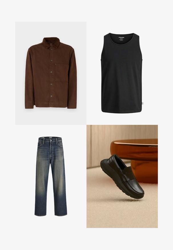 Brun knapjakke i bomuldsstof, med krave, lange ærmer, forlommer og brune knapper. Glat tekstur med ensfarvet design.; Sort tanktop lavet af bomuld med rund halsudskæring og uden ærmer. Glat tekstur med en lige kant og et lille mærke fra mærket i siden.; Bredde ben jeans i mørkeblå denim med en gradient finish, der har en knaplukning, fem lomme-design og strukturerede syninger.; Sort læderloafer med tyk sål, vist over beige tæppe og nær en rund bordfod i ravfarve.
