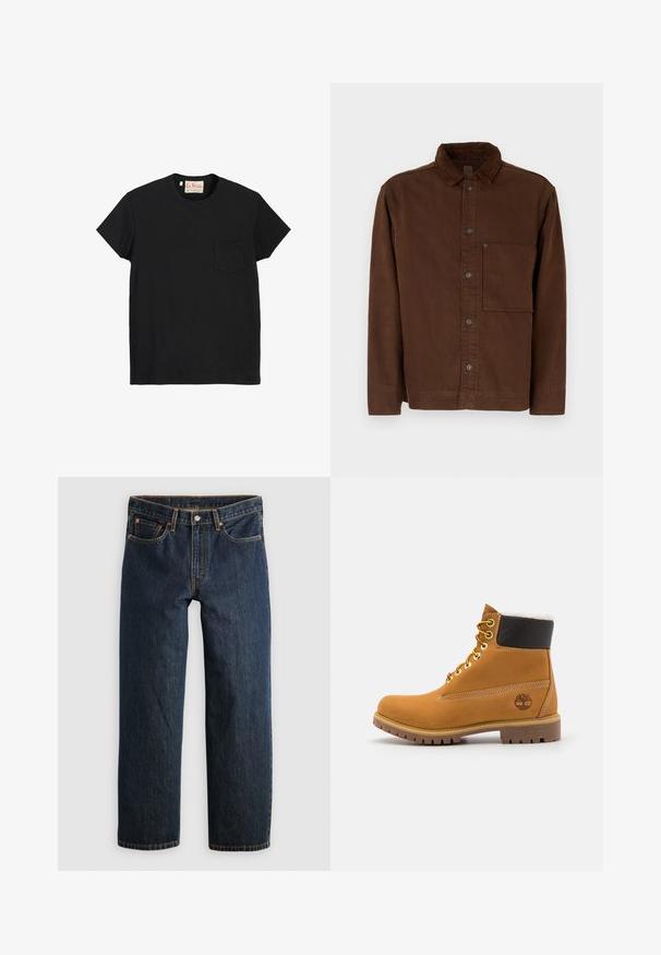 Brun knapjakke i bomuldsstof, med krave, lange ærmer, forlommer og brune knapper. Glat tekstur med ensfarvet design.; Sort bomulds T-shirt med rund hals, korte ærmer og en lomme på venstre bryst. Glat tekstur og minimalistisk design.; Mørkeblå denimjeans med en lige ben-snit. Har fem lommer, kontrastsyning og knaplukning i taljen.; Brune læder ankelstøvle med metaløjer, hvid pelsforing, sort polstret krave, robust sål og præget logo på siden.
