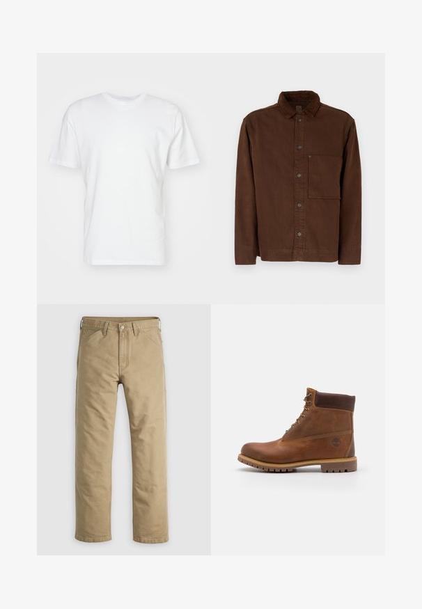Veste marron à boutons en coton, dotée d'un col, de manches longues, d'une poche frontale et de boutons marron. Texture lisse avec couleur unie.; T-shirt en coton blanc à manches courtes, encolure ronde et texture lisse. Design simple sans motifs ni graphiques.; Pantalon en coton kaki avec un design à jambe droite, poches avant et fermeture par bouton. Texture lisse et coutures renforcées pour une durabilité accrue.; Botte de randonnée en cuir marron avec une finition lisse, cheville rembourrée, œillets en métal et semelle en caoutchouc dotée d'un motif de crampons robuste.