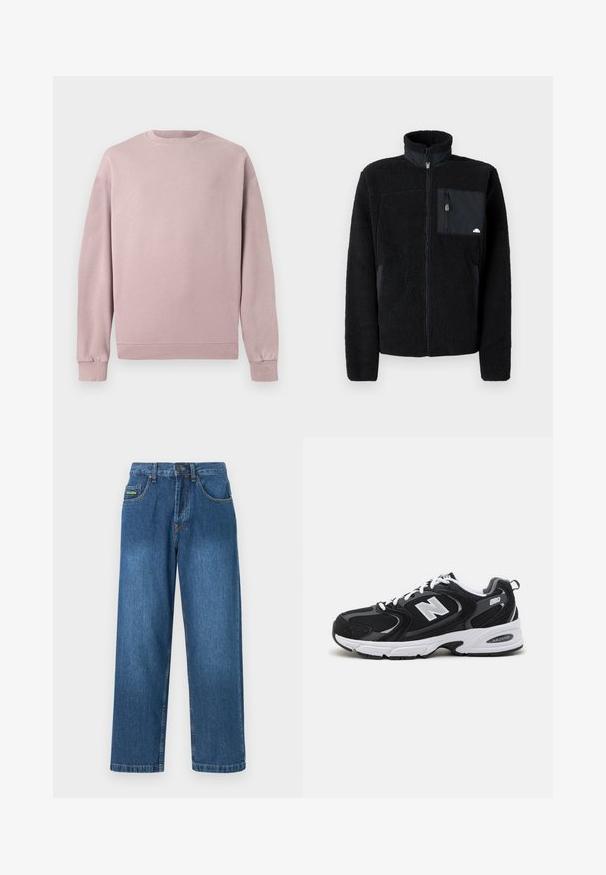 Veste en polaire noire avec un col montant, une fermeture éclair et une poche poitrine en tissu contrastant. Dotée d'une surface douce et texturée.; Sweatshirt rose clair avec un col rond classique, des poignets et un ourlet côtelés. Fabriqué dans un matériau doux et texturé. Design simple sans motifs.; Jean en denim dans un délavage bleu moyen, avec une coupe droite, cinq poches et des accents de couture jaune.; Baskets de sport noires et grises avec un tige en mesh et en suède, présentant une semelle intermédiaire blanche, des lacets et un logo "N" audacieux sur le côté.