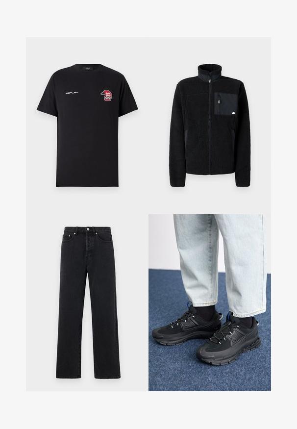 Mustast fliisist jakk kõrge krae, tõmblukuga ja rinnataskuga kontrastse kangaga. Omaduseks on pehme, tekstuuriga pind.; Replay SHORT SLEEVE GRAPHIC - Trükipildiga T-särk - black; Mustmustest musta sirge jalgadega teksad kõrge vöökohaga, viie tasku ja metallnupuga kinnitusega. Kanga pind on sile ja kergelt läikiv.; Mustad mustad jooksukingad, millel on tekstureeritud kangas ja kummist tallad, elastsed nöörid ning sinine aksent kandadel. Kandmine heledate teksadega.