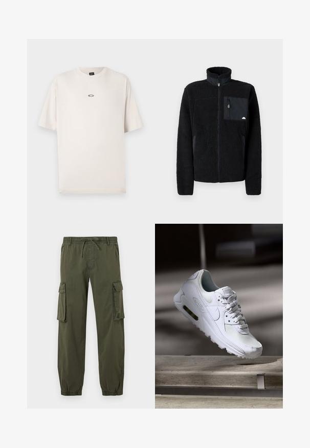 Schwarze Fleecejacke mit hohem Kragen, Reißverschluss und einer Brusttasche aus kontrastierendem Stoff. Verfügt über eine weiche, texturierte Oberfläche.; Oakley RISE TEE - T-Shirt basic - mist; Olivengrüne Cargo-Hosen aus leichtem Stoff. Elastischer Taillenbund mit Kordelzug, zwei Seitentaschen und zwei Cargotaschen an den Oberschenkeln.; Weiße Nike Air Max 90 Sneaker mit einem Obermaterial aus Mesh und Leder, durchlässigem Zehenbereich und einer sichtbaren Air-Einheit in der Ferse.