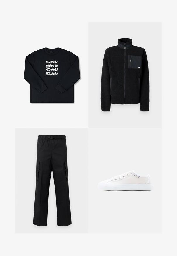 Sort fleecejakke med høj krave, lynlåslukning og en brystlomme i et kontrasterende stof. Har en blød, tekstureret overflade.; Sort sweatshirt med lange ærmer, der har et hvidt gentaget grafisk logo i stiliseret skrifttype på forsiden. Fremstillet af blødt stof.; Sorte cargo-bukser med bred ben-design, justerbar talje med spænde og to sidelommer til opbevaring. Letvægtsstof.; Lavtop hvid canvas-sneaker med hvid gummisål og hvide snørebånd, sidetag med "Björn Borg"-logo.
