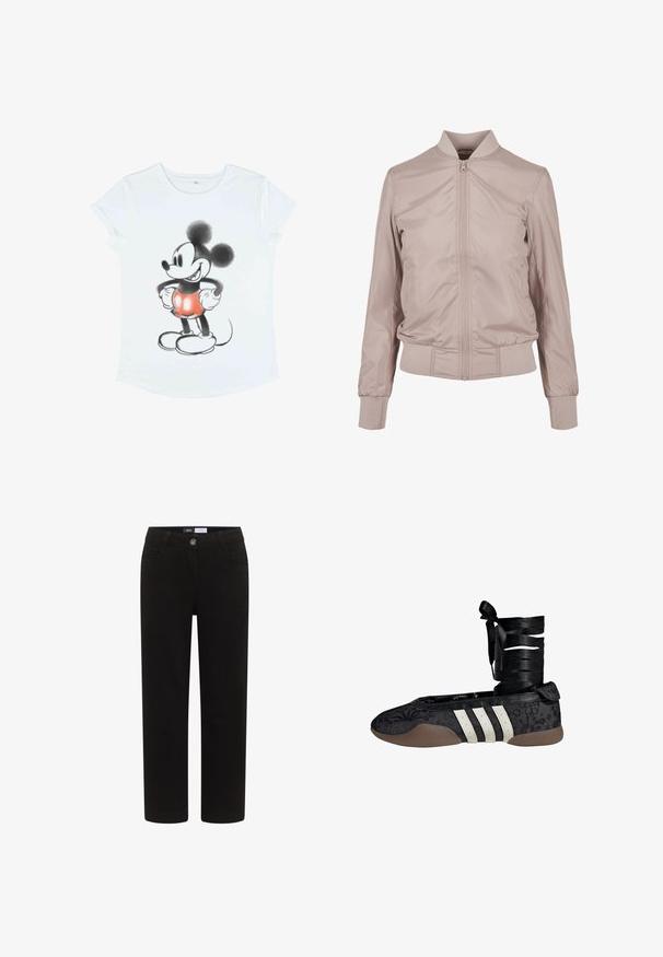 Lys pink bomberjakke lavet af glat nylon. Har en frontlynlås, ribbede manchetter og en opretstående krave. Minimalistisk design uden mønstre.; Hvid t-shirt med korte ærmer, der har et grafisk motiv af Mickey Mouse, illustreret i sort og rød med overdimensionerede ører og runde sko.; Sorte bukser lavet af bomuld med lige ben, udstyret med knaplukning, forlommer og fine syningsdetaljer.; Sort ballettflat med blomsterprint, hvidt design med tre striber og en stofankelrem. Materialet har tekstur og en fleksibel brun sål.