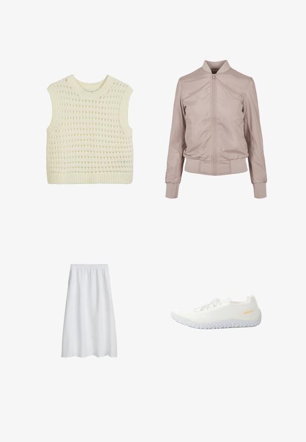 Helle rosa Bomberjacke aus glattem Nylon. Verfügt über einen vorderen Reißverschluss, gerippte Bündchen und einen Stehkragen. Minimalistisches Design ohne Muster.; Ärmelloses Strick-Top in Creme mit einem strukturierten offenen Webmuster sowie geripptem Hals- und Saumabschluss.; Weißer Midirock mit elastischem Bund, A-Linien-Form und glattem Stoff, vor weißem Hintergrund angezeigt.; Weiße Sportschuhe mit einem Mesh-Obermaterial, elastischen Schnürsenkeln und einer strukturierten Gummisohle mit einem geometrischen Muster. Auffälliges Markenzeichen in Gold.