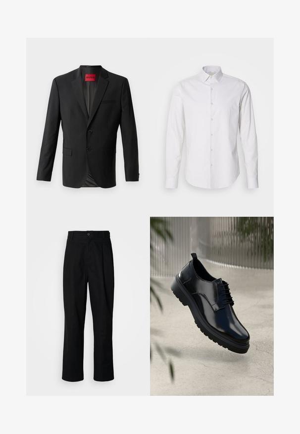 Sort blazer lavet af glat stof, med to frontknapper, spidse klapper og en enkelt brystlomme. Etiket synlig inde i kraven.; Hvid langærmet skjorte med spids krave, knaplukning foran, lavet af et glat stof. Har en subtil stribet tekstur.; Sorte lige ben bukser med en knaplukket talje, bæltestropper og en frontfold, præsenteret mod en ensfarvet hvid baggrund.; Sorte lædersko med en blank overflade, rund tå, snøredesign, kontrastsyninger og en tyk gummisål med mønster.