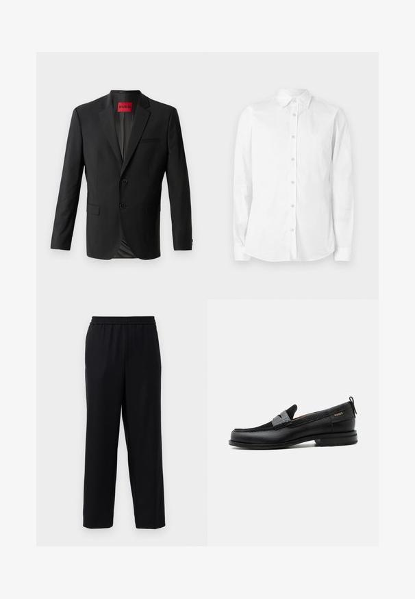 Blazer negro hecho de tela suave, con dos botones frontales, solapas con muesca y un bolsillo en el pecho. Etiqueta visible en el interior del cuello.; Camisa blanca de manga larga con botones, hecha de algodón. Presenta un cuello puntiagudo y un pequeño logo bordado en el pecho. Textura suave.; Pantalones negros con cintura elástica, diseño de pierna recta y una tela suave y ligera. Sin bolsillos visibles ni patrones.; Mocasín de cuero negro con detalle de tira gris, tacón bajo y suela texturizada, con la marca "HUGO" en oro en el lateral.