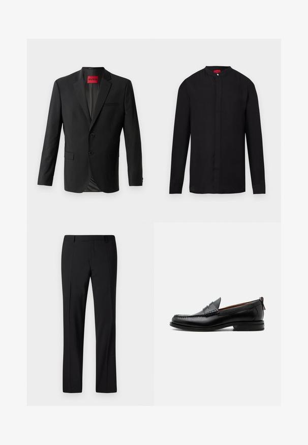 Zwarte blazer gemaakt van gladde stof, met twee knopen aan de voorkant, inspringende revers en een enkele borstzak. Label zichtbaar in de kraag.; Zwart shirt met lange mouwen, mandarijnkraag en verborgen knoopsluiting, afgebeeld op een witte achtergrond.; Zwarte op maat gemaakte broek met een rechte pijp ontwerp, voorzien van een gladde textuur, geplooide voorkant en een klassieke tailleband voor een formele uitstraling.; Zwarte leren herensloffen met moc toe stiksel, pennyriem, gestructureerde kraag en lage gestapelde hak op witte achtergrond.