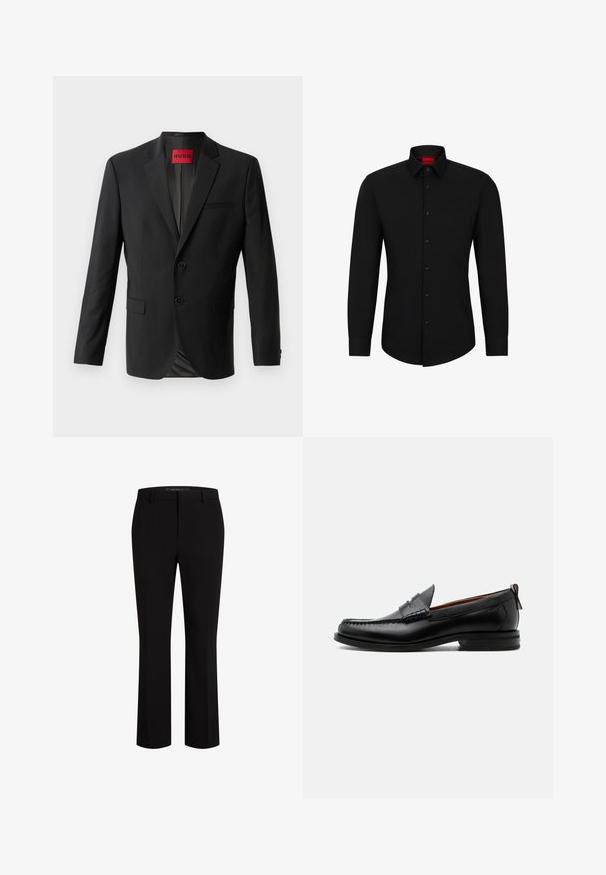 Sort blazer lavet af glat stof, med to frontknapper, spidse klapper og en enkelt brystlomme. Etiket synlig inde i kraven.; Sort langærmet skjorte med knaplukning foran, klassisk krave og rundet kant; har sorte knapper og et rødt logo indeni kraven.; Sorte skræddersyede bukser lavet af glat stof, med en lige ben-design, bælte løkker og front-lommer for ekstra funktionalitet.; Sort læder herre loafer med moc-tå syning, penny strop, struktureret krave og lav stablet hæl på hvid baggrund.