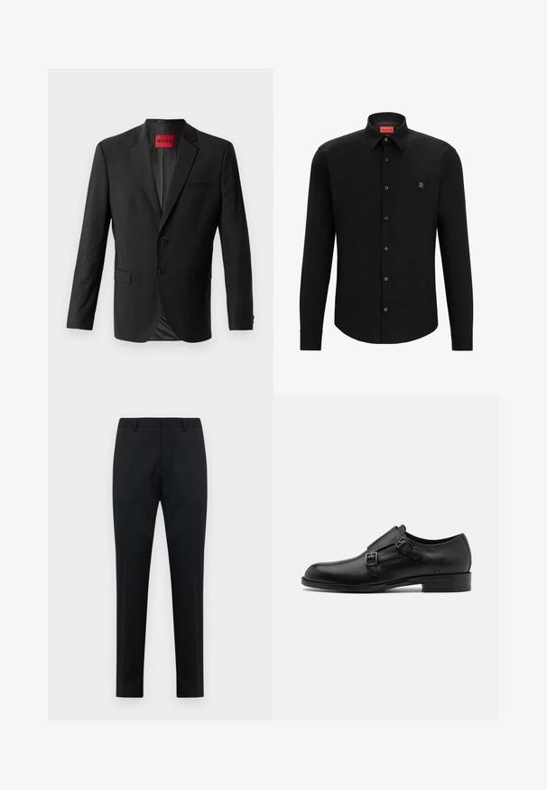 Blazer negro hecho de tela suave, con dos botones frontales, solapas con muesca y un bolsillo en el pecho. Etiqueta visible en el interior del cuello.; Camisa negra de manga larga con cuello clásico, cierre de botones, logo sutil en el pecho y una textura de tela suave.; Pantalones formales de hombre negros, ajustados, con presillas para cinturón, frente plano y piernas rectas sobre un fondo blanco.; Zapato de vestir de cuero negro con doble hebilla, silueta elegante y punta redonda. Cuenta con un tacón bajo y una textura suave.