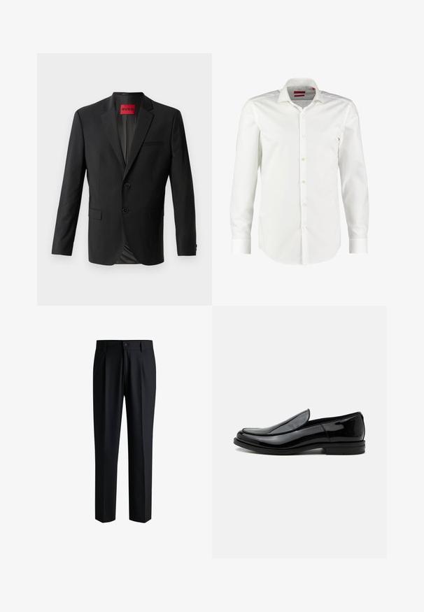 Blazer noir en tissu lisse, avec deux boutons à l'avant, revers crantés et une poche poitrine simple. Étiquette visible à l'intérieur du col.; Chemise blanche à manches longues, en coton lisse. Elle présente un col classique, une patte de boutonnage épurée et des poignets à bouton.; Pantalons noirs en tissu lisse, avec une coupe droite, des plis à l'avant et une fermeture à bouton avec passants de ceinture.; Chaussure de ville noire en cuir brillant à enfiler, avec talon bas et bout arrondi, vue de côté sur fond blanc uni.