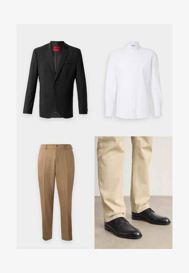 Zwarte blazer gemaakt van gladde stof, met twee knopen aan de voorkant, inspringende revers en een enkele borstzak. Label zichtbaar in de kraag.; Witte lange mouwen button-up shirt gemaakt van gladde katoen. Bevat een klassieke kraag, een voorkant met knopen en een rechte zoom.; Bruine maatwerkbroek met een rechte pasvorm, enkele plooien, riemlussen en een sluiting met een knoop aan de voorkant. Gladde stof met een matte textuur.; Zwarte leren veterschoenen met een ronde neus, een gladde afwerking en subtiele stikdetails, gedragen met lichtbeige broeken.