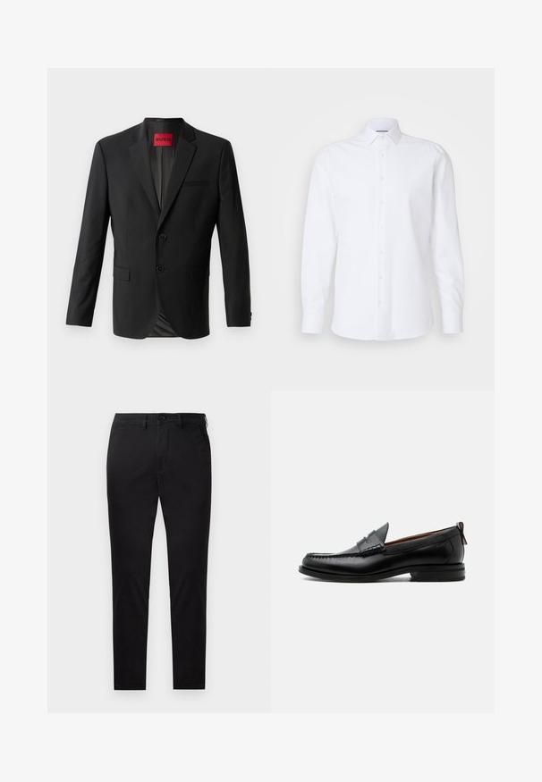 Sort blazer lavet af glat stof, med to frontknapper, spidse klapper og en enkelt brystlomme. Etiket synlig inde i kraven.; Hvid langærmet skjorte med knapper lavet af glat bomuld. Har en klassisk krave, forreste plade med knapper og en lige kant.; Sorte slim-fit bukser med knap- og lynlåslukning, bæltestropper og uden synlige lommer, vist mod en hvid baggrund.; Sort læder herre loafer med moc-tå syning, penny strop, struktureret krave og lav stablet hæl på hvid baggrund.