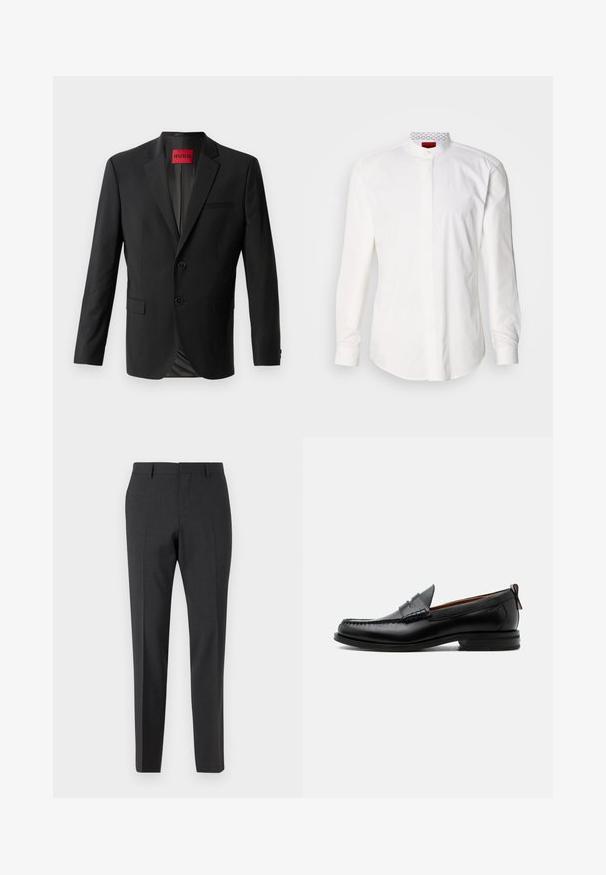 Blazer noir en tissu lisse, avec deux boutons à l'avant, revers crantés et une poche poitrine simple. Étiquette visible à l'intérieur du col.; Chemise blanche à manches longues avec un col montant, en coton. Comprend une patte de boutonnage à l'avant, un design minimaliste et un marquage subtil sur le col intérieur.; Pantalons tailleur gris foncé avec une texture lisse, coupe slim, devant plat et passants de ceinture, conçus pour une tenue formelle ou professionnelle.; Mocassin homme en cuir noir avec couture moc toe, bride penny, col texturé et petit talon empilé sur fond blanc.